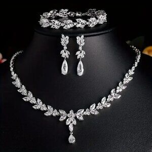 Silver Crystal Rhinestone Necklace Earrings Bracelet Set Bridal Jewelry, 3 PCS